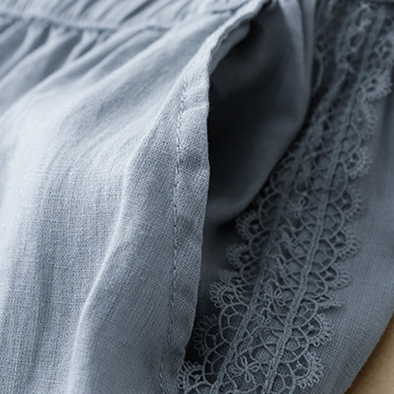 Pantalones anchos de lino y algodón con costuras de encaje de color liso para mujer con bolsillos y Buddha Stones - image 4