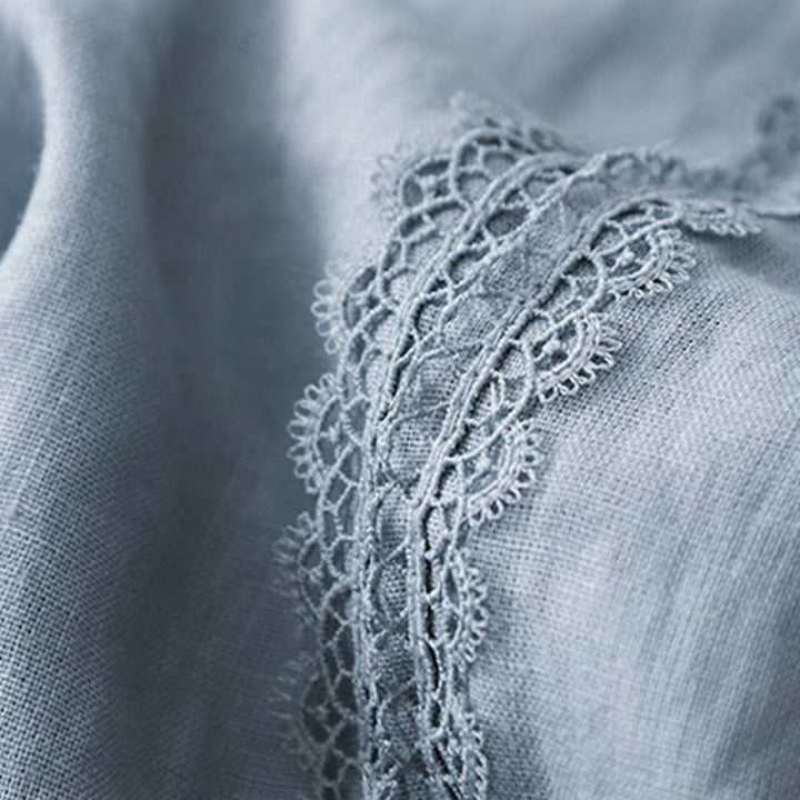 Pantalones anchos de lino y algodón con costuras de encaje de color liso para mujer con bolsillos y Buddha Stones - image 3