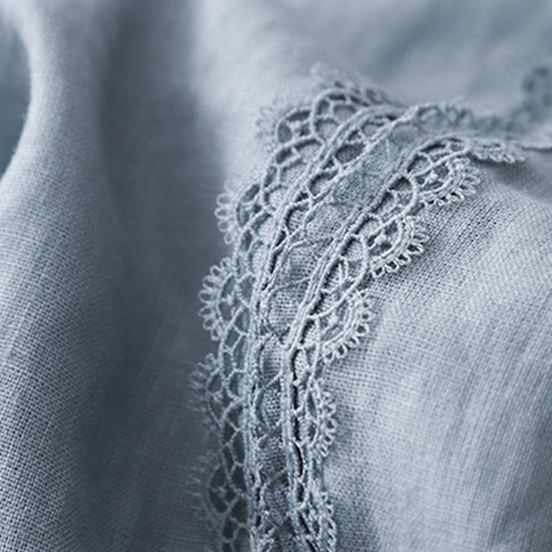 Pantalones anchos de lino y algodón con costuras de encaje de color liso para mujer con bolsillos y Buddha Stones - image 3