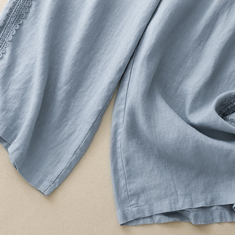 Pantalones anchos de lino y algodón con costuras de encaje de color liso para mujer con bolsillos y Buddha Stones - image 2