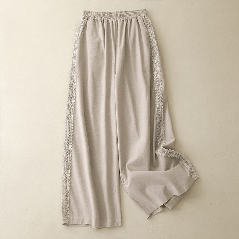 Pantalones anchos de lino y algodón con costuras de encaje de color liso para mujer con bolsillos y Buddha Stones - Beige - US8-10，UK/AU12-14，EU40-42 (2XL) - image 8