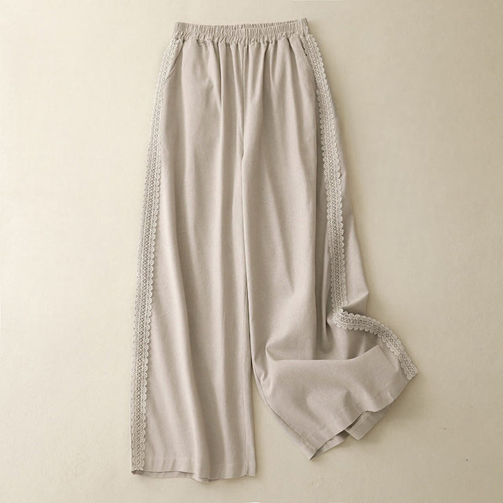 Pantalones anchos de lino y algodón con costuras de encaje de color liso para mujer con bolsillos y Buddha Stones - Beige - US8-10，UK/AU12-14，EU40-42 (2XL) - image 8