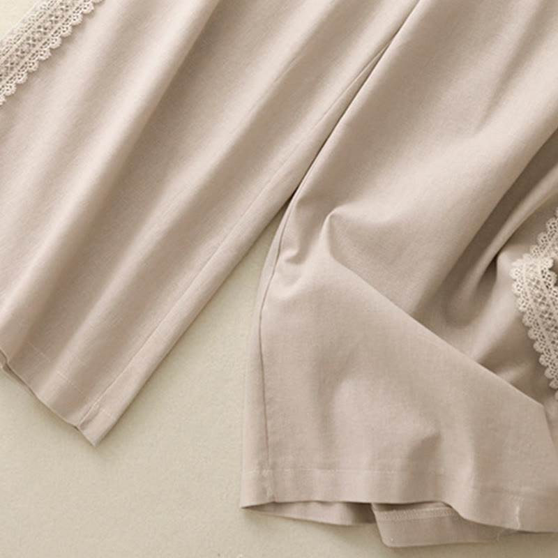 Pantalones anchos de lino y algodón con costuras de encaje de color liso para mujer con bolsillos y Buddha Stones - image 10