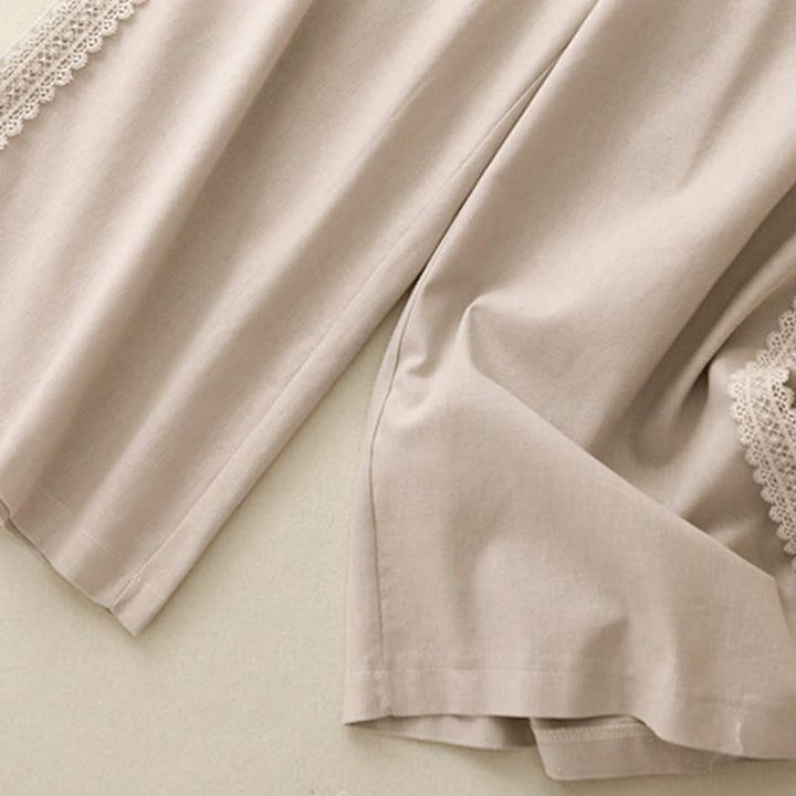 Pantalones anchos de lino y algodón con costuras de encaje de color liso para mujer con bolsillos y Buddha Stones - image 10