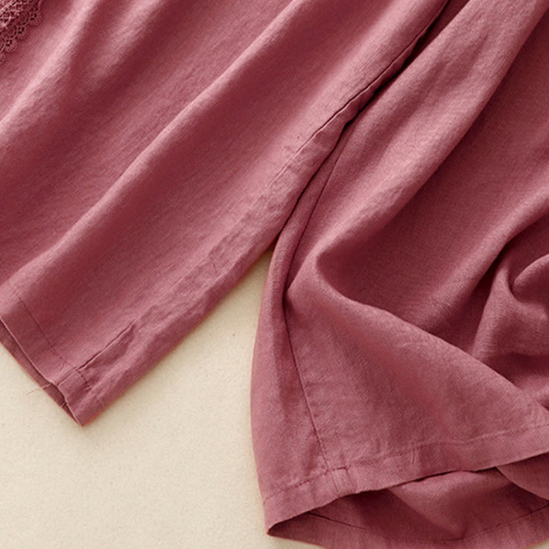 Pantalones anchos de lino y algodón con costuras de encaje de color liso para mujer con bolsillos y Buddha Stones - image 14