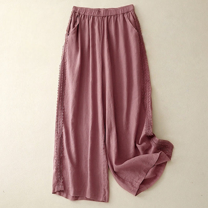 Pantalones anchos de lino y algodón con costuras de encaje de color liso para mujer con bolsillos y Buddha Stones - Rojo violeta pálido - US8-10，UK/AU12-14，EU40-42 (2XL) - image 13