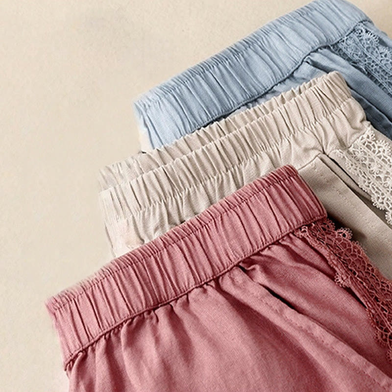 Pantalones anchos de lino y algodón con costuras de encaje de color liso para mujer con bolsillos y Buddha Stones - image 19