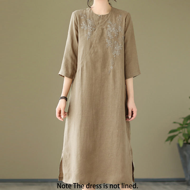 Vestido midi de lino y algodón con mangas tres cuartos y bordado vintage de Buddha Stones y bolsillos - image 1