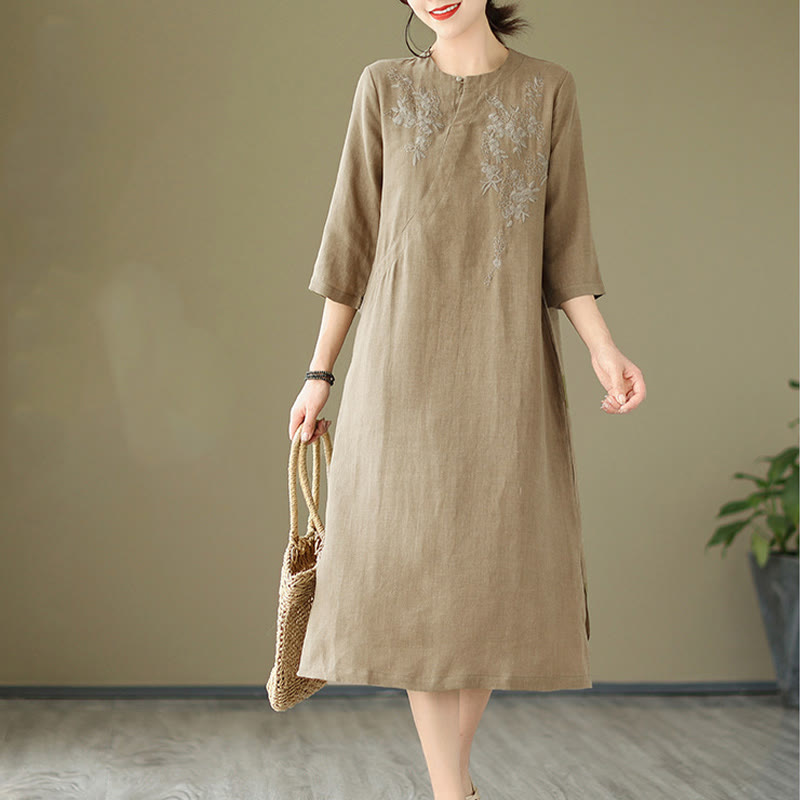 Vestido midi vintage con bordado de Buddha Stones, manga tres cuartos y bolsillos. - Caqui oscuro - US8-10，UK/AU12-14，EU40-42 (2XL) - image 0