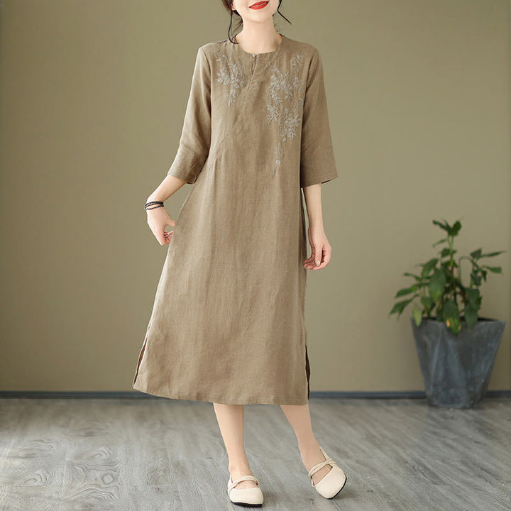 Vestido midi vintage con bordado de Buddha Stones, manga tres cuartos y bolsillos. - image 2