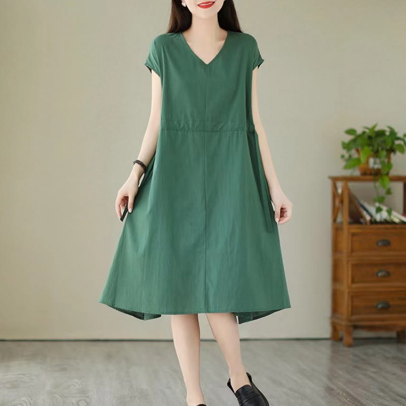 Vestido midi de lino y algodón con mangas cortas, bolsillos y cordones en color puro de Buddha Stones - Verdemar - US12, UK/AU16, EU44 (3XL) - image 0