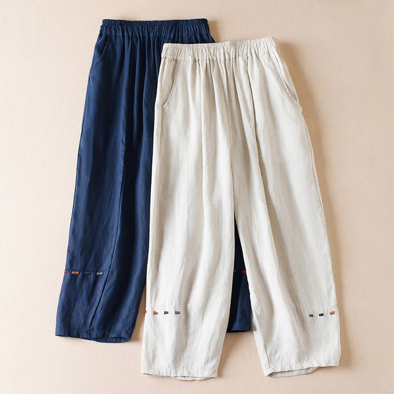 Pantalones de lino y algodón para mujer, con bolsillos, de hilo de colores Buddha Stones , de longitud 7-8 - image 18