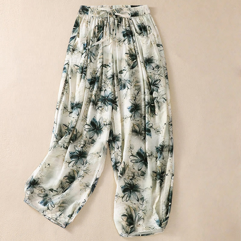 Pantalones casuales de poliéster con estampado floral de Buddha Stones para mujer, de longitud 7-8, con bolsillos - Verdemar - US12, UK/AU16, EU44 (2XL) - image 0