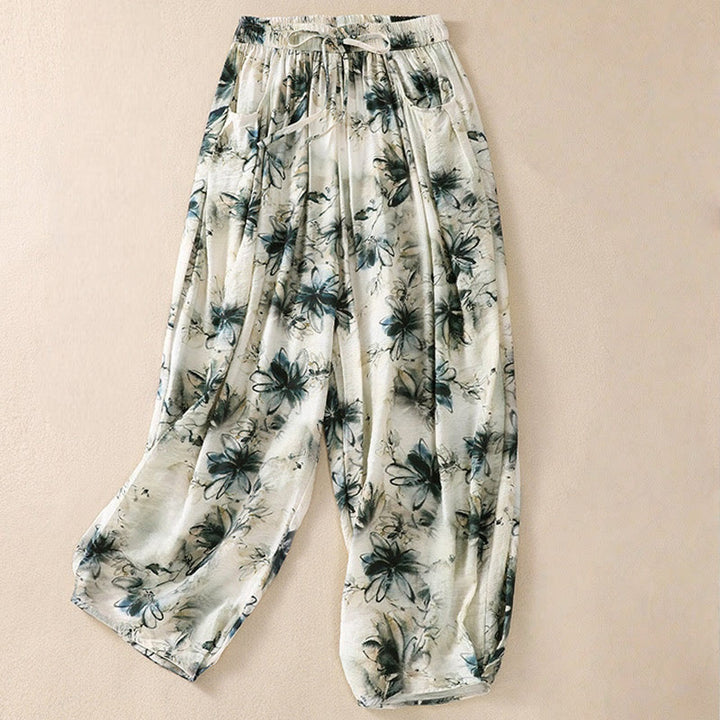 Pantalones casuales de poliéster con estampado floral de Buddha Stones para mujer, de longitud 7-8, con bolsillos - Verdemar - US12, UK/AU16, EU44 (2XL) - image 0