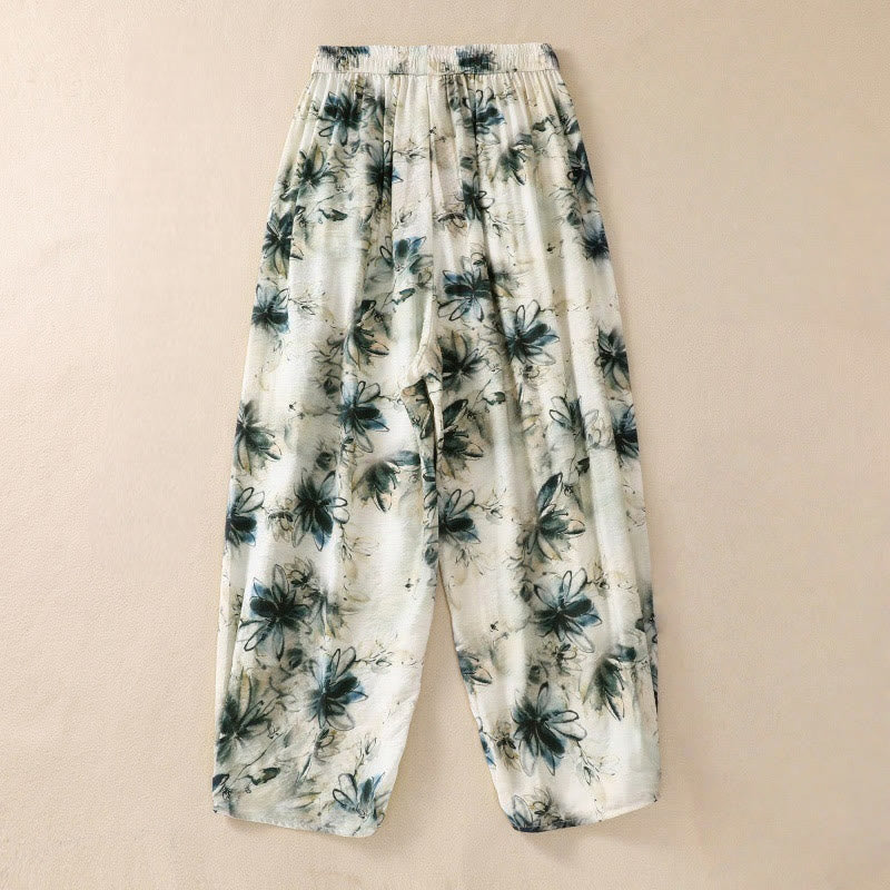 Pantalones casuales de poliéster con estampado floral de Buddha Stones para mujer, de longitud 7-8, con bolsillos - image 1