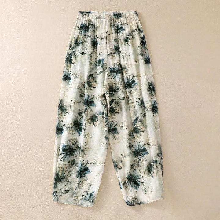 Pantalones casuales de poliéster con estampado floral de Buddha Stones para mujer, de longitud 7-8, con bolsillos - image 1