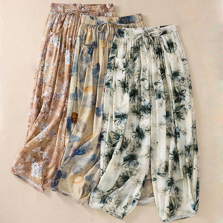 Pantalones casuales de poliéster con estampado floral de Buddha Stones para mujer, de longitud 7-8, con bolsillos - image 22
