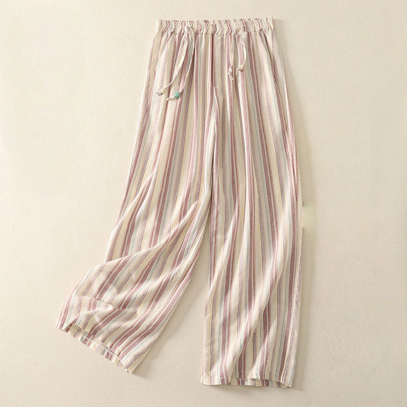 Pantalones anchos de algodón con rayas verticales de colores Buddha Stones para mujer con bolsillos - PapayaWhip - US8-10，UK/AU12-14，EU40-42 (2XL) - image 0