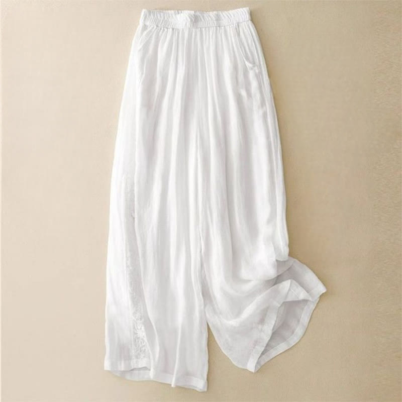 Pantalones anchos de algodón para mujer, con diseño de bordado lateral de Buddha Stones, de largo 7-8 y bolsillos - Blanco - US12, UK/AU16, EU44 (3XL) - image 11