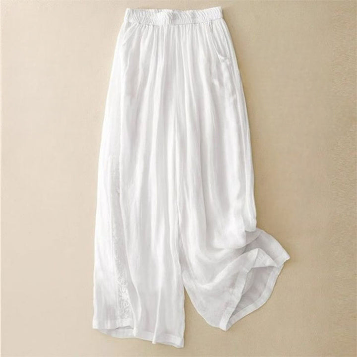 Pantalones anchos de algodón para mujer, con diseño de bordado lateral de Buddha Stones, de largo 7-8 y bolsillos - Blanco - US12, UK/AU16, EU44 (3XL) - image 11
