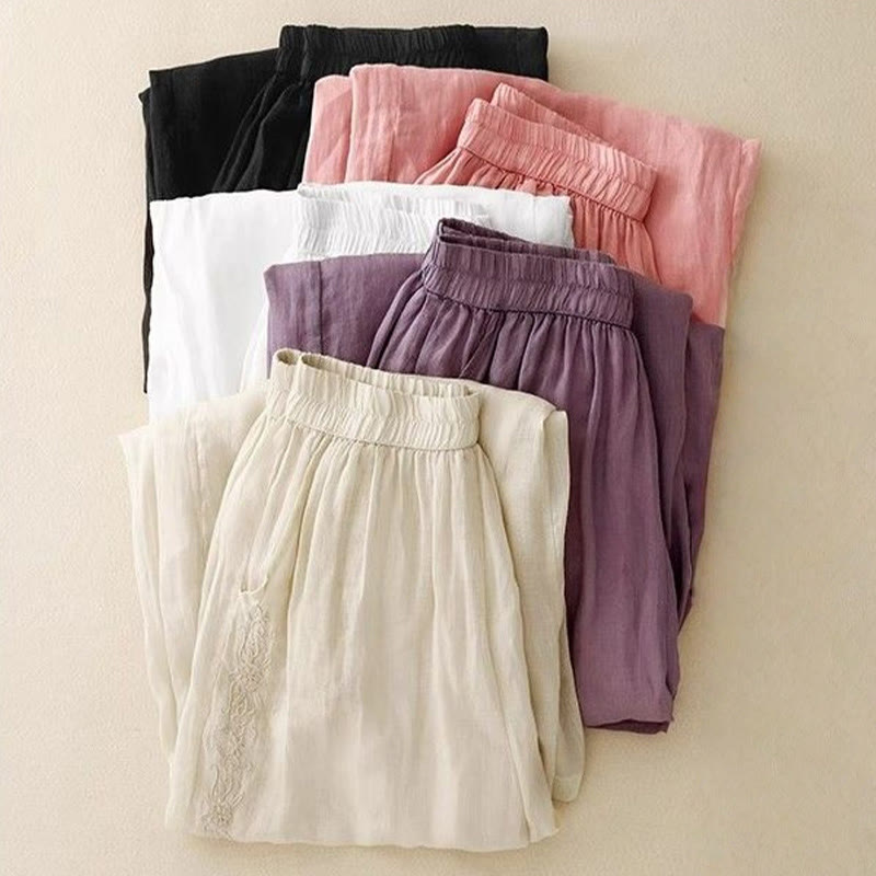 Pantalones anchos de algodón para mujer, con diseño de bordado lateral de Buddha Stones, de largo 7-8 y bolsillos - image 18