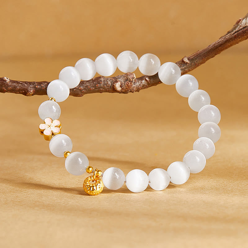 Pulsera de la suerte con ojo de gato blanco y flor de melocotón de plata de ley 925 con Buddha Stones - image 2