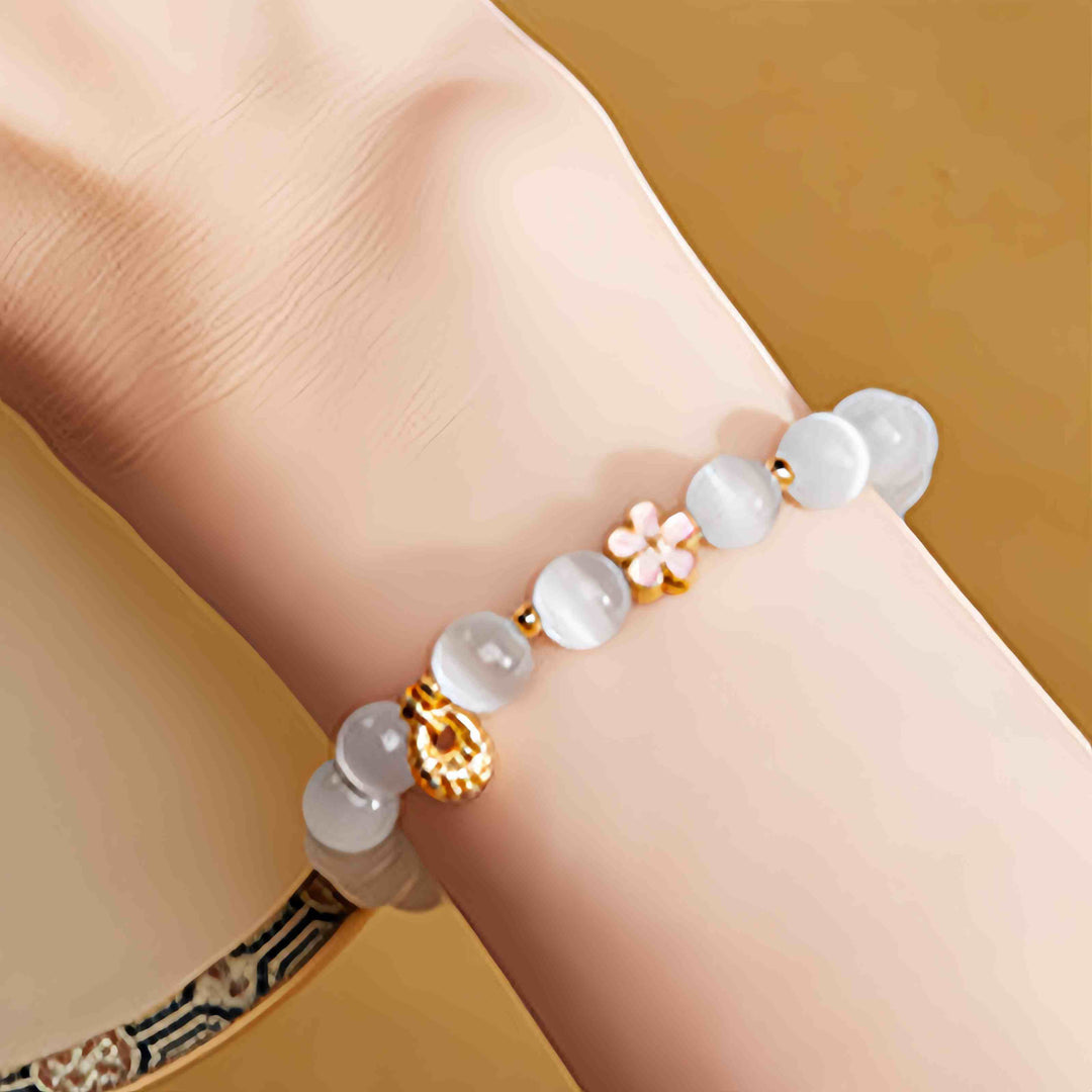 Pulsera de la suerte con ojo de gato blanco y flor de melocotón de plata de ley 925 con Buddha Stones - image 10