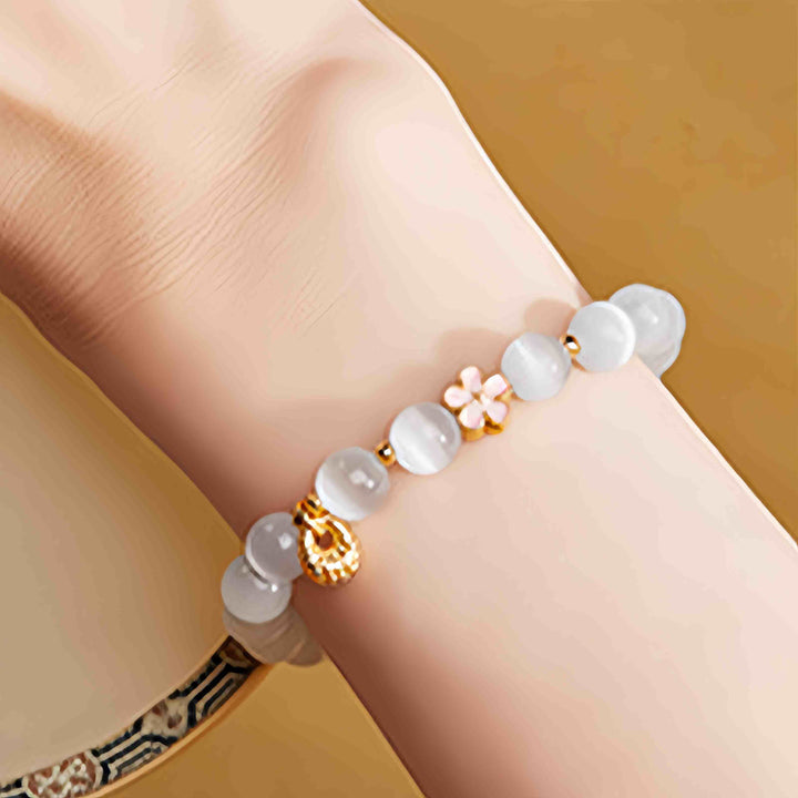 Pulsera de la suerte con ojo de gato blanco y flor de melocotón de plata de ley 925 con Buddha Stones - image 10