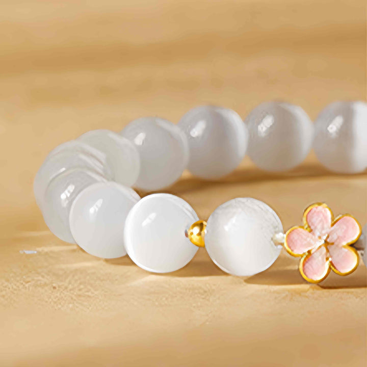 Pulsera de la suerte con ojo de gato blanco y flor de melocotón de plata de ley 925 con Buddha Stones - image 5