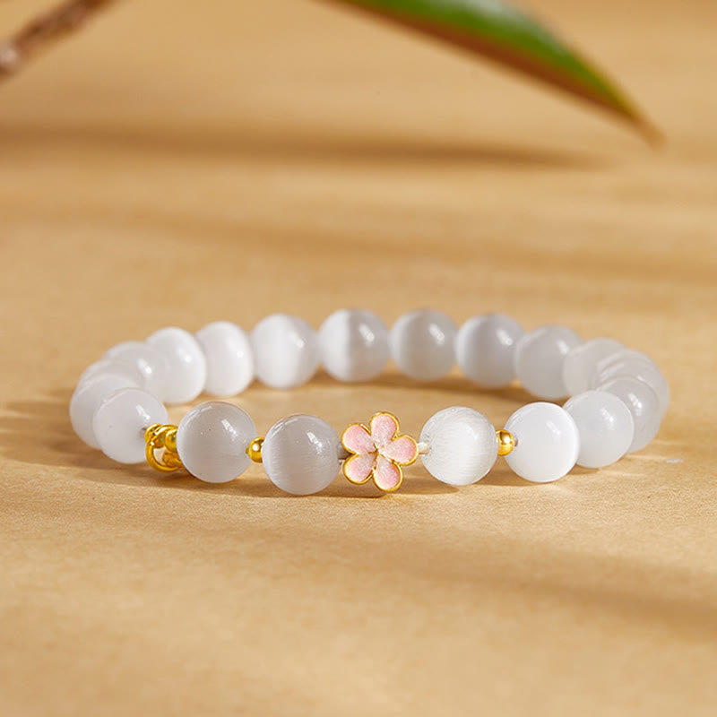 Pulsera de la suerte con ojo de gato blanco y flor de melocotón de plata de ley 925 con Buddha Stones - Ojo de gato blanco (circunferencia de la muñeca: 17-19 cm) - image 1