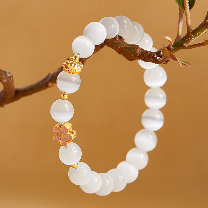 Pulsera de la suerte con ojo de gato blanco y flor de melocotón de plata de ley 925 con Buddha Stones - image 2