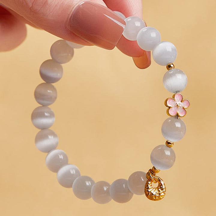 Pulsera de la suerte con ojo de gato blanco y flor de melocotón de plata de ley 925 con Buddha Stones - image 4