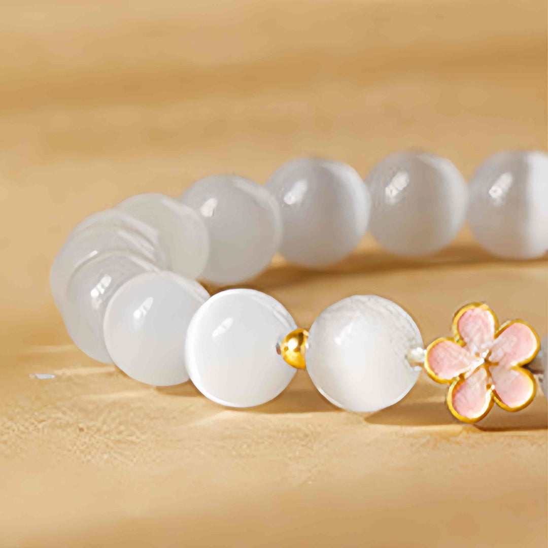 Pulsera de la suerte con ojo de gato blanco y flor de melocotón de plata de ley 925 con Buddha Stones - image 4
