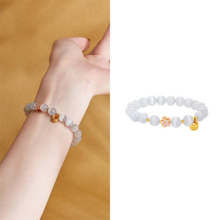 Pulsera de la suerte con ojo de gato blanco y flor de melocotón de plata de ley 925 con Buddha Stones - image 13