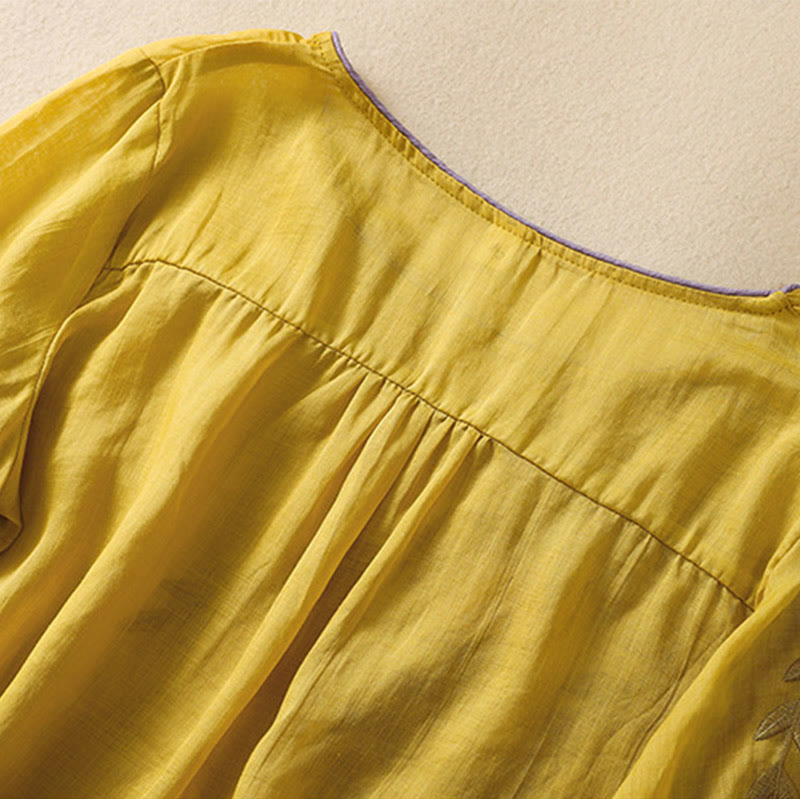 Camiseta de algodón y lino de media manga para mujer con bordado de hojas y Buddha Stones - image 5