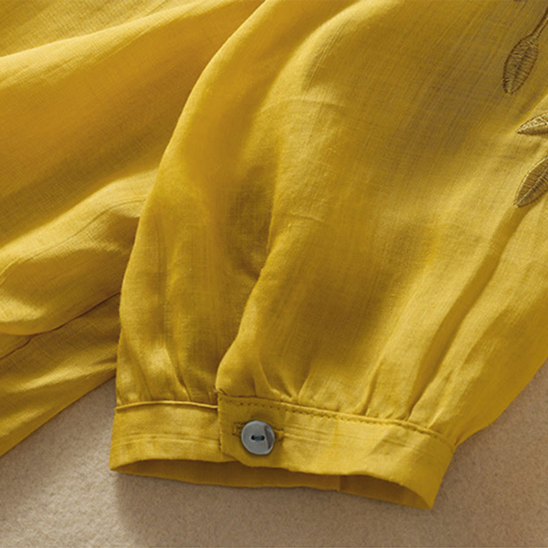 Camiseta de algodón y lino de media manga para mujer con bordado de hojas y Buddha Stones - image 8