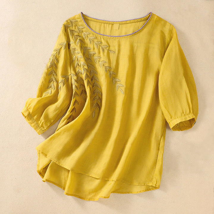 Camiseta de algodón y lino de media manga para mujer con bordado de hojas y Buddha Stones - Oro - US8-10，UK/AU12-14，EU40-42 (2XL) - image 0