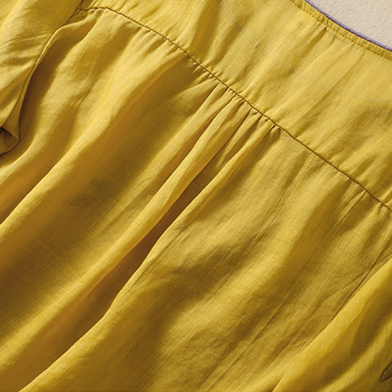 Camiseta de algodón y lino de media manga para mujer con bordado de hojas y Buddha Stones - image 3