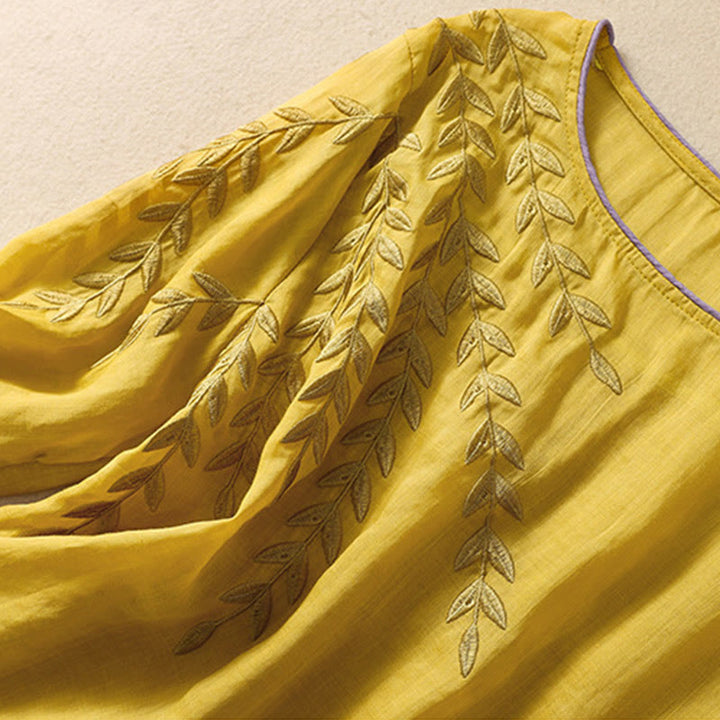 Camiseta de algodón y lino de media manga para mujer con bordado de hojas y Buddha Stones - image 2