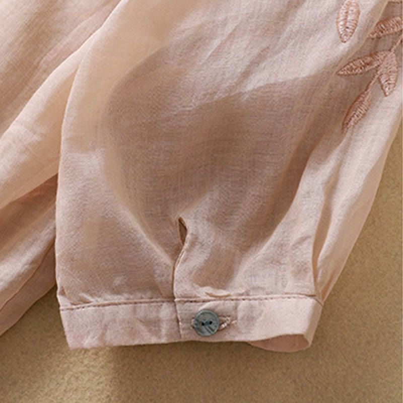 Camiseta de algodón y lino de media manga para mujer con bordado de hojas y Buddha Stones - image 16