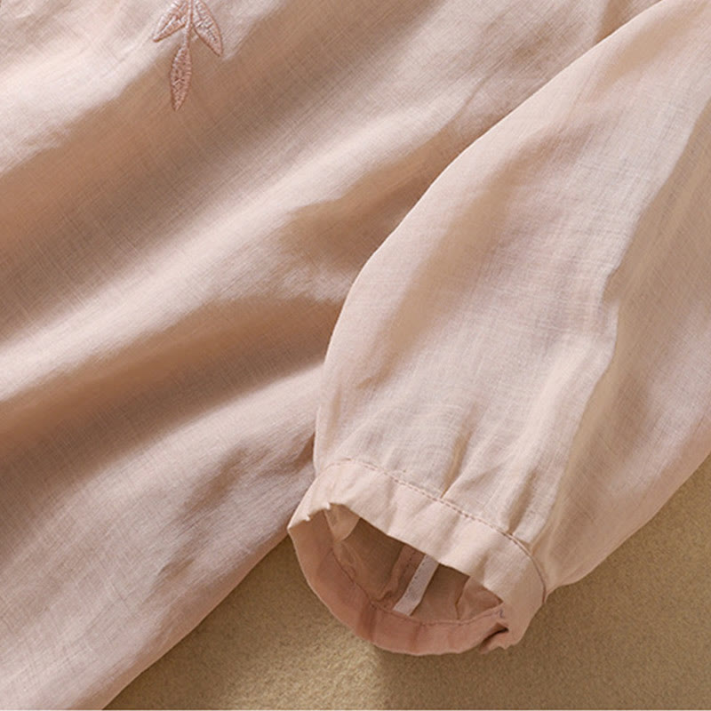 Camiseta de algodón y lino de media manga para mujer con bordado de hojas y Buddha Stones - image 18