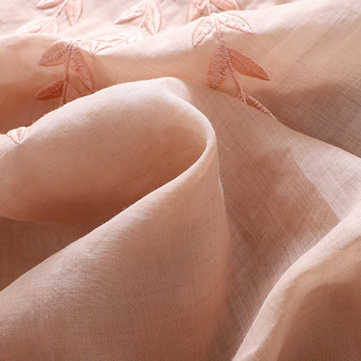 Camiseta de algodón y lino de media manga para mujer con bordado de hojas y Buddha Stones - image 21