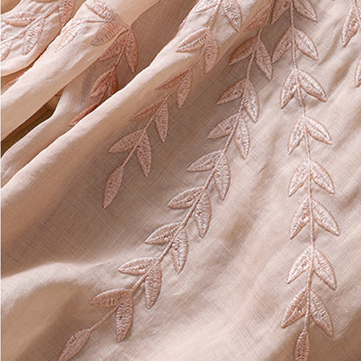 Camiseta de algodón y lino de media manga para mujer con bordado de hojas y Buddha Stones - image 20