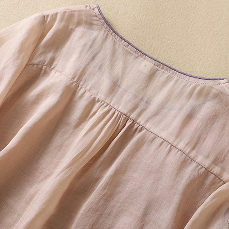 Camiseta de algodón y lino de media manga para mujer con bordado de hojas y Buddha Stones - image 14