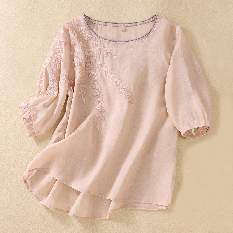 Camiseta de algodón y lino de media manga para mujer con bordado de hojas y Buddha Stones - Rosa Misty - US8-10，UK/AU12-14，EU40-42 (2XL) - image 11