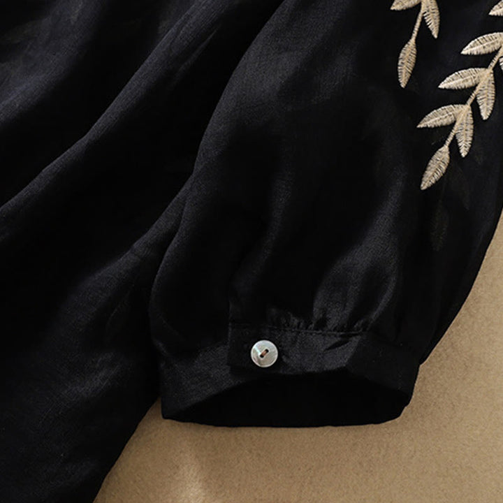 Camiseta de algodón y lino de media manga para mujer con bordado de hojas y Buddha Stones - image 26