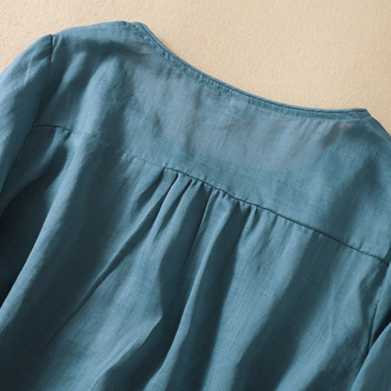 Camiseta de algodón y lino de media manga para mujer con bordado de hojas y Buddha Stones - image 33