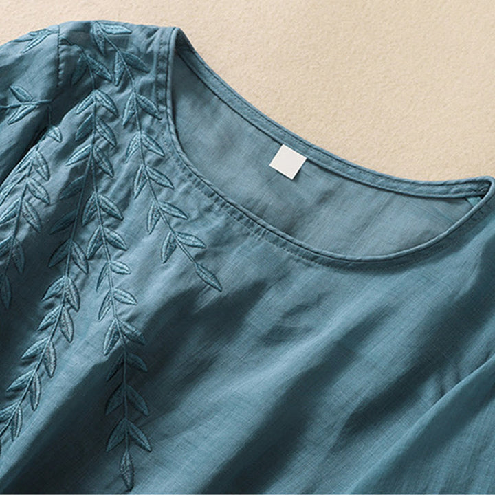 Camiseta de algodón y lino de media manga para mujer con bordado de hojas y Buddha Stones - image 32