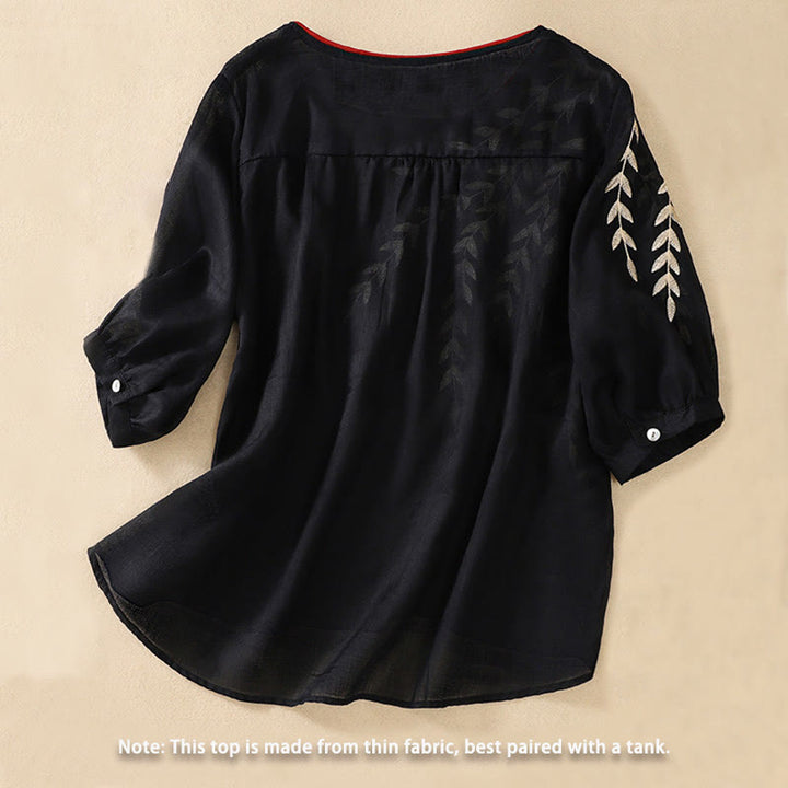 Camiseta de algodón y lino de media manga para mujer con bordado de hojas y Buddha Stones - image 23