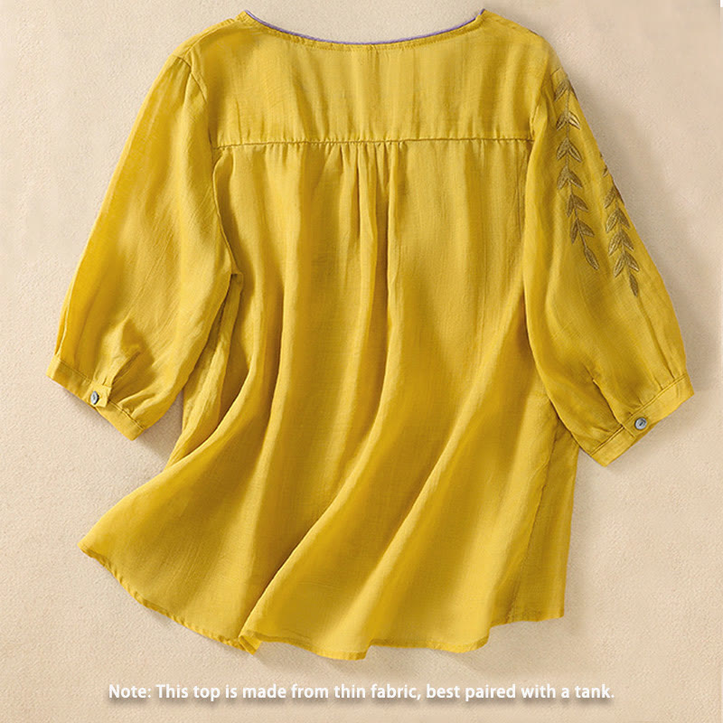 Camiseta de algodón y lino de media manga para mujer con bordado de hojas y Buddha Stones - image 1